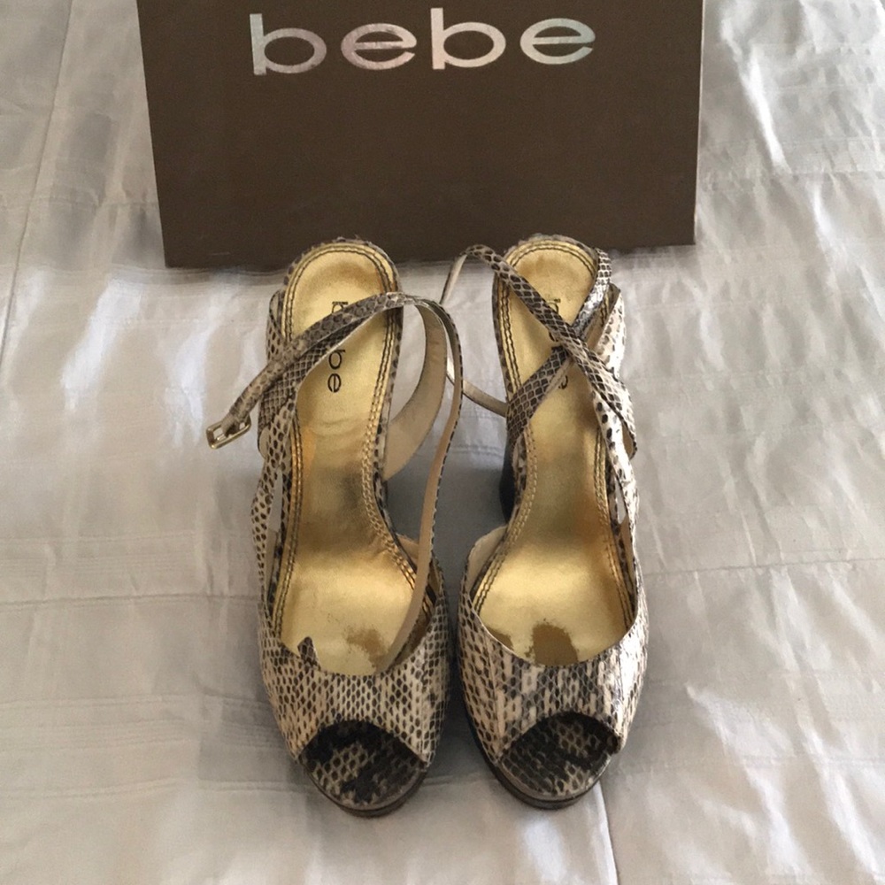 bebe snake print wedges